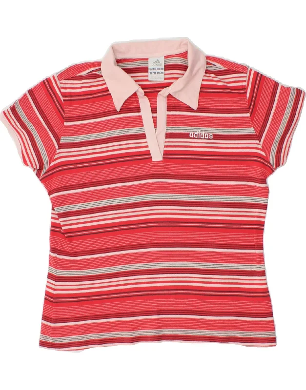 ADIDAS Womens Polo Shirt UK 16 Large Red Striped Cotton Elegant High-Low Short Shirt ADIDAS Womens Polo Shirt UK 16 Large Red Striped Cotton Elegant High-Low Short Shirt