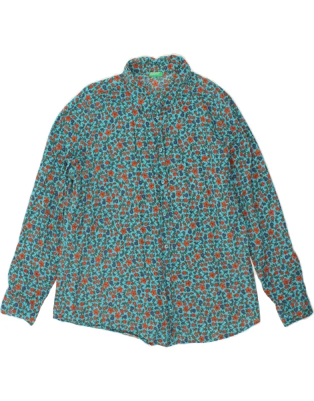 BENETTON Womens Shirt UK 16 Large Turquoise Floral Trendy Floral Short Sleeve