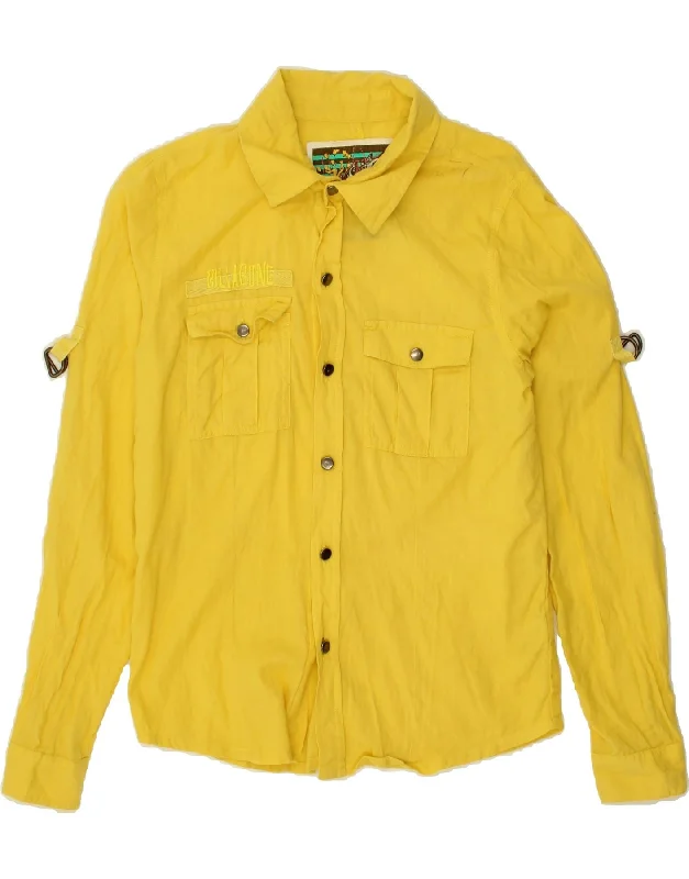 BILLABONG Womens Shirt UK 12 Medium Yellow Cotton Trendy Ruffled Short Sleeve