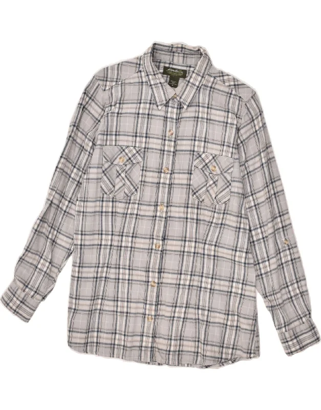 EDDIE BAUER Womens Shirt UK 18 XL Grey Plaid Cotton Fashionable Draped Short Sleeve