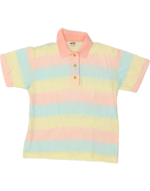 ELLESSE Womens Polo Shirt UK 12 Medium Multicoloured Striped Cotton Fashionable Cuffed Short Sleeve ELLESSE Womens Polo Shirt UK 12 Medium Multicoloured Striped Cotton Fashionable Cuffed Short Sleeve