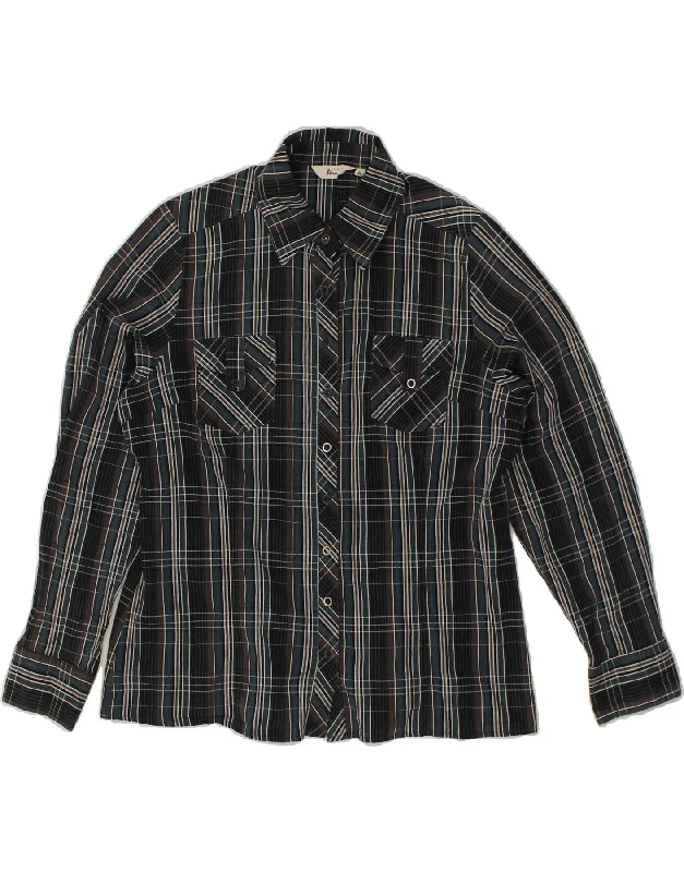 ETAM Womens Shirt EU 42 Large Black Check Relaxed Cotton Short Blouse