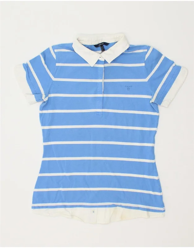 GANT Womens Polo Shirt UK 12 Medium Blue Striped Cotton Elegant Silk Short Shirt