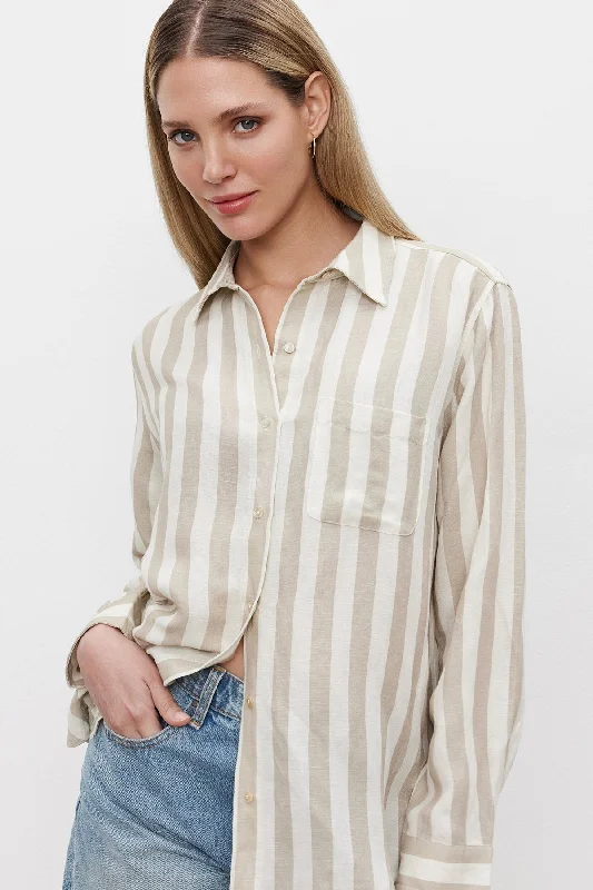 HARLOW STRIPED LINEN BUTTON-UP SHIRT Trendy Floral Short Sleeve
