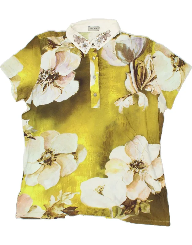 HENRY COTTONS Womens Polo Shirt IT 52 2XL Yellow Floral Modern Fit Short Sleeve