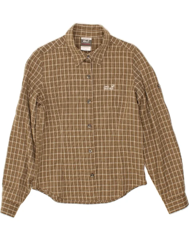 JACK WOLFSKIN Womens Shirt UK 8 Small Brown Check Polyester Relaxed Cotton Short Blouse JACK WOLFSKIN Womens Shirt UK 8 Small Brown Check Polyester Relaxed Cotton Short Blouse
