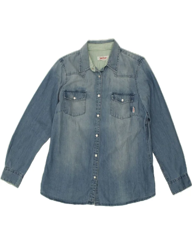 JOHN BANER Womens Denim Shirt UK 16 Large Blue Cotton Cozy Knit Short Sleeve Top