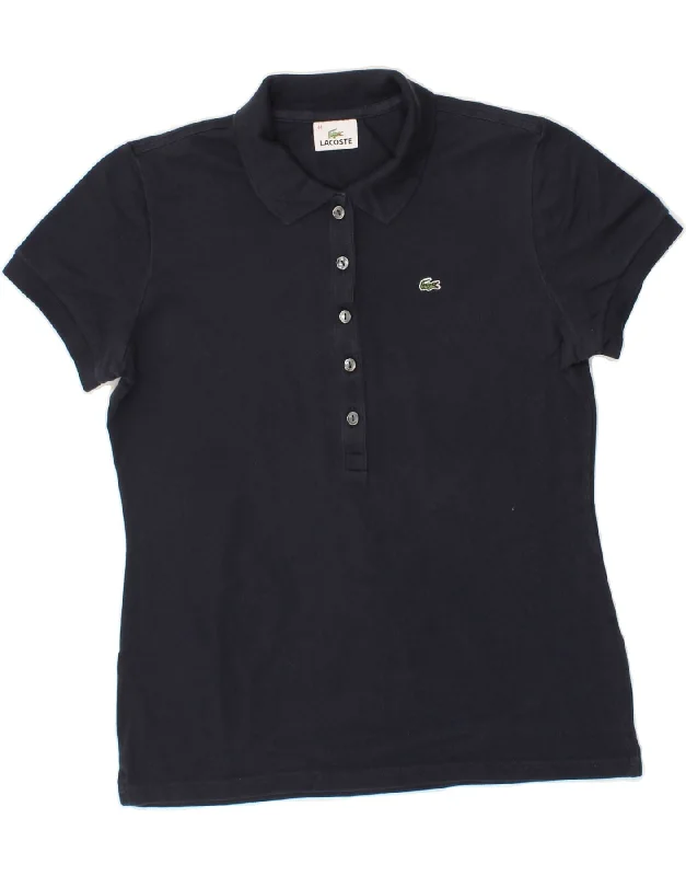 LACOSTE Womens Polo Shirt Size 44 Large Navy Blue Cotton Classic V-Neck Short Shirt