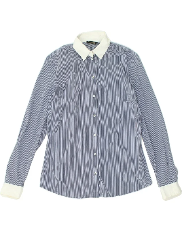 MASSIMO DUTTI Womens Shirt EU 40 Medium Navy Blue Pinstripe Stylish Crew Neck Shirt
