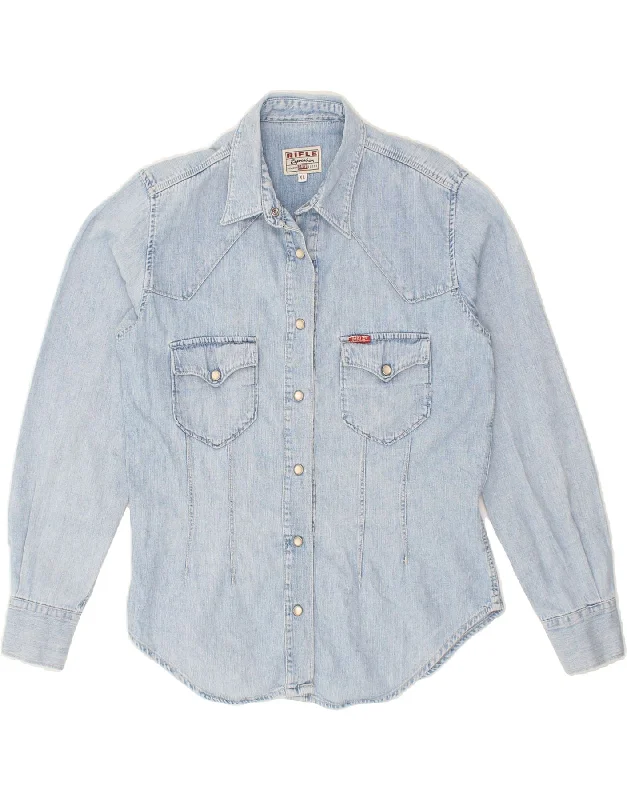 RIFLE Womens Denim Shirt UK 18 XL Blue Cotton Elegant Off-Shoulder Short Shirt