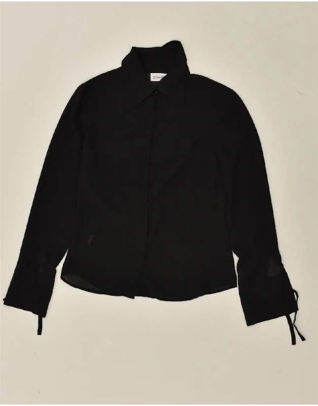 STEFANEL Womens Shirt Blouse UK 6 XS Black Silk Elegant Lace Short Sleeve