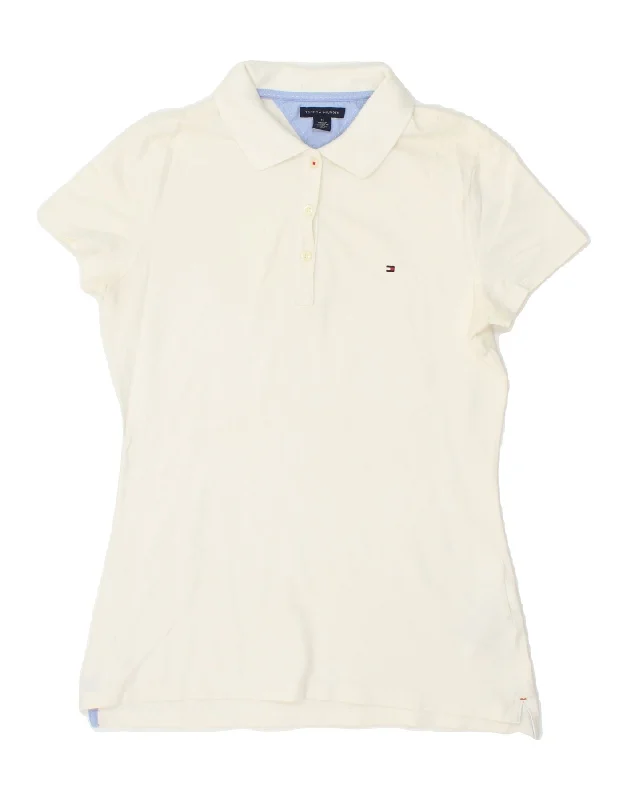 TOMMY HILFIGER Womens Polo Shirt UK 12 Medium White Cotton Cozy Plain Short Sleeve