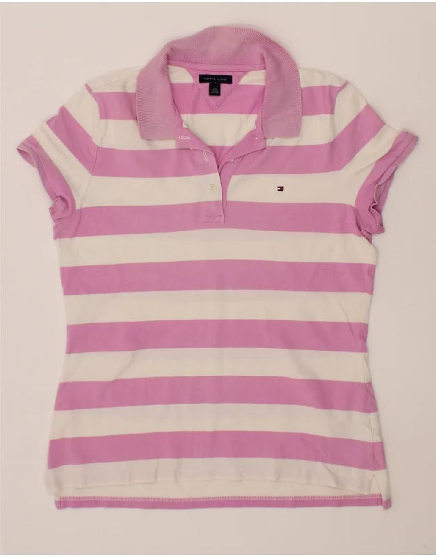 TOMMY HILFIGER Womens Polo Shirt UK 14 Large Pink Striped Cotton Comfortable Ribbed Short Sleeve TOMMY HILFIGER Womens Polo Shirt UK 14 Large Pink Striped Cotton Comfortable Ribbed Short Sleeve