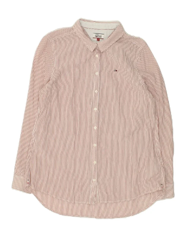 TOMMY HILFIGER Womens Shirt UK 14 Large Brown Striped Lyocell Casual Slouchy Short Sleeve TOMMY HILFIGER Womens Shirt UK 14 Large Brown Striped Lyocell Casual Slouchy Short Sleeve