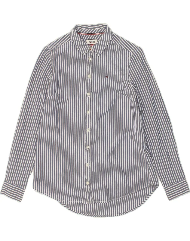 TOMMY HILFIGER Womens Shirt UK 6 XS Blue Striped Cotton Casual Slouchy Short Sleeve