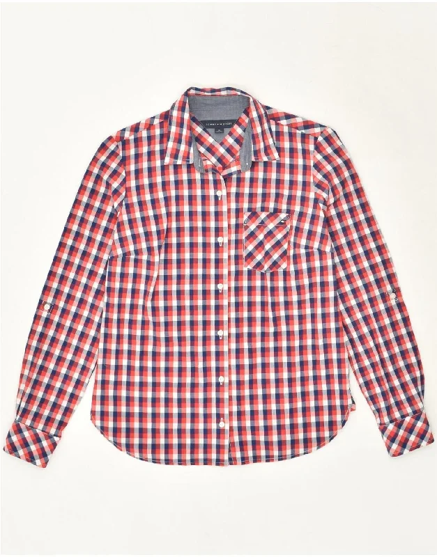 TOMMY HILFIGER Womens Shirt UK 6 XS Red Check Cotton Classic Solid Short Shirt