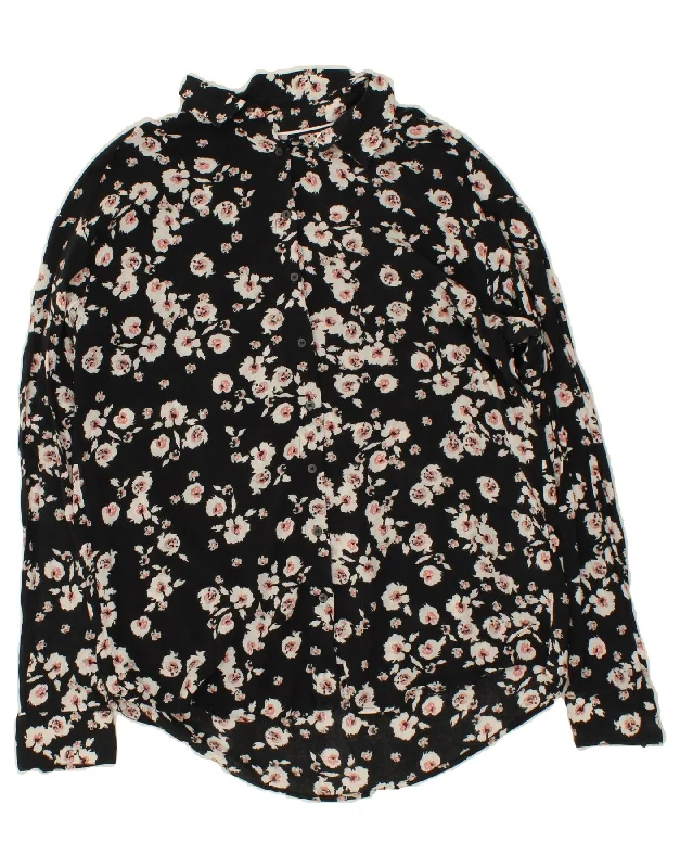 TOMMY HILFIGER Womens Shirt US 6 Medium Black Floral Cotton Soft Silk Short Sleeve