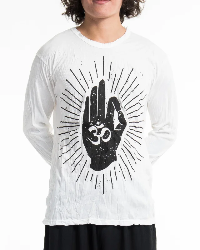 Unisex Hand of Om Long Sleeve Shirt in White Casual Boxy Short Shirt