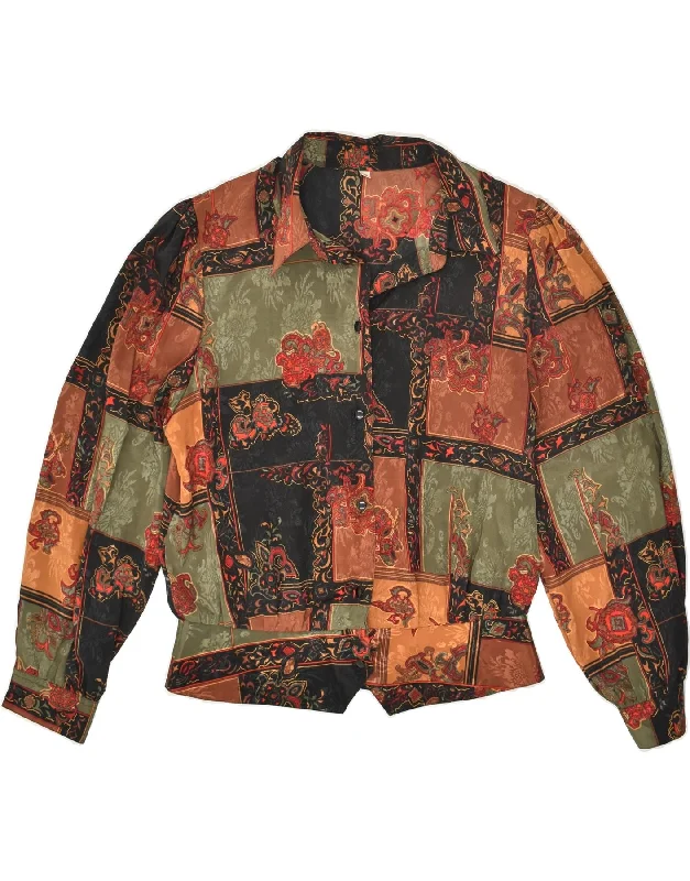 VINTAGE Womens Shirt Blouse EU 40 Medium Brown Patchwork Polyester Classic Cropped Short Sleeve VINTAGE Womens Shirt Blouse EU 40 Medium Brown Patchwork Polyester Classic Cropped Short Sleeve