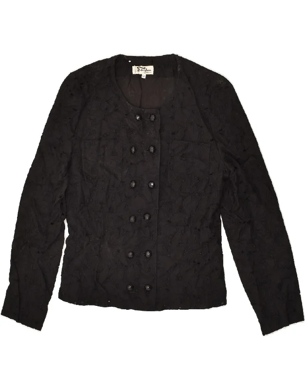 VINTAGE Womens Shirt Blouse IT 42 Medium Black Linen Casual Short Sleeve Top