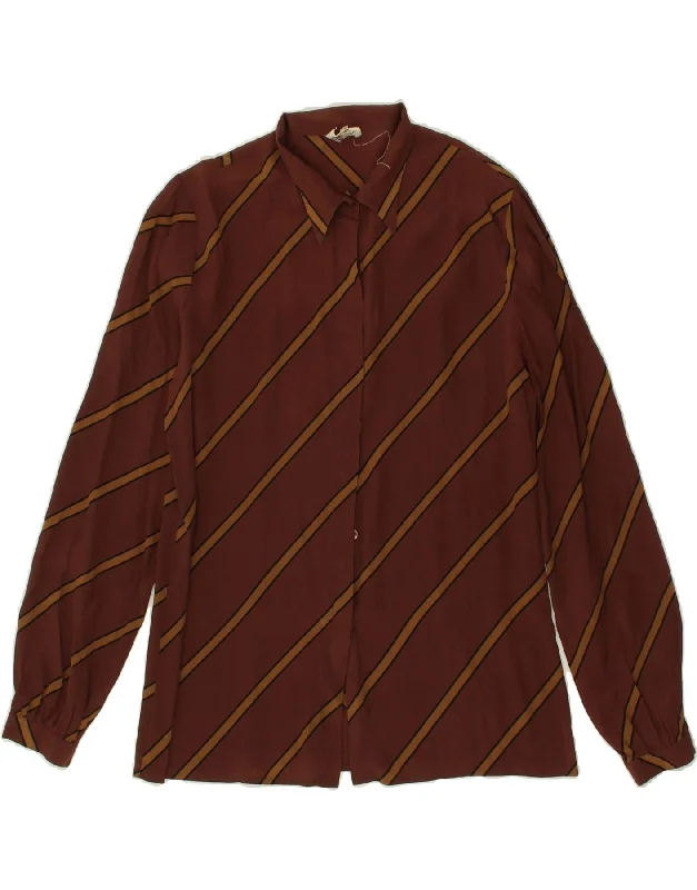 VINTAGE Womens Shirt Blouse IT 42 Medium Brown Striped Acetate Trendy Summer Short Sleeve VINTAGE Womens Shirt Blouse IT 42 Medium Brown Striped Acetate Trendy Summer Short Sleeve