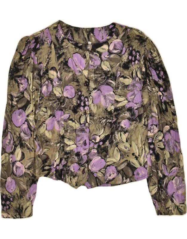 VINTAGE Womens Shirt Blouse UK 12 Medium Grey Floral Elegant Lace-Trimmed Short Shirt VINTAGE Womens Shirt Blouse UK 12 Medium Grey Floral Elegant Lace-Trimmed Short Shirt