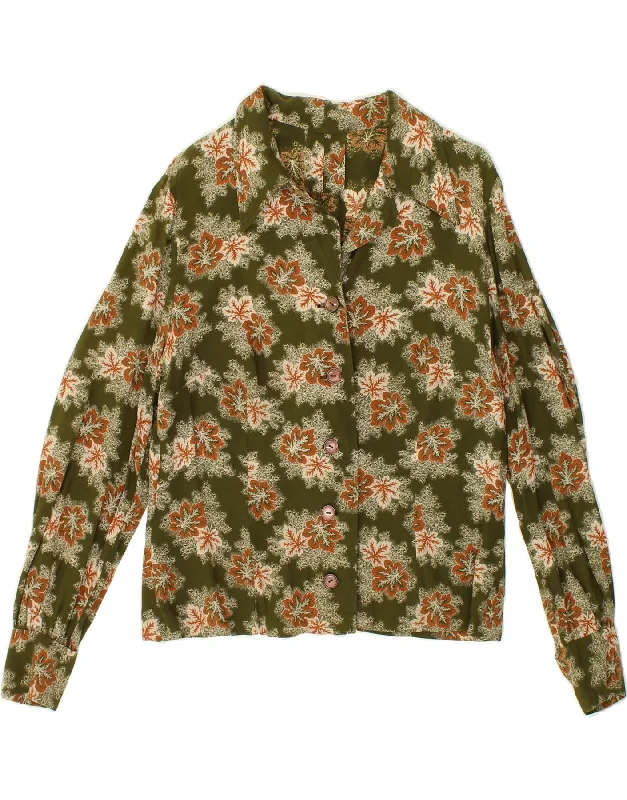 VINTAGE Womens Shirt Blouse UK 14 Medium Green Floral Trendy Print Short Sleeve