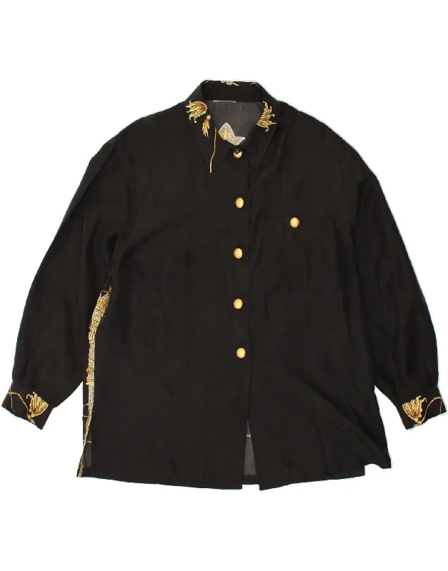 VINTAGE Womens Shirt Blouse UK 16 Large Black Floral Modern Casual Short Sleeve