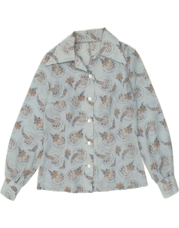 VINTAGE Womens Shirt EU 38 Medium Blue Floral Relaxed Fit Short Blouse