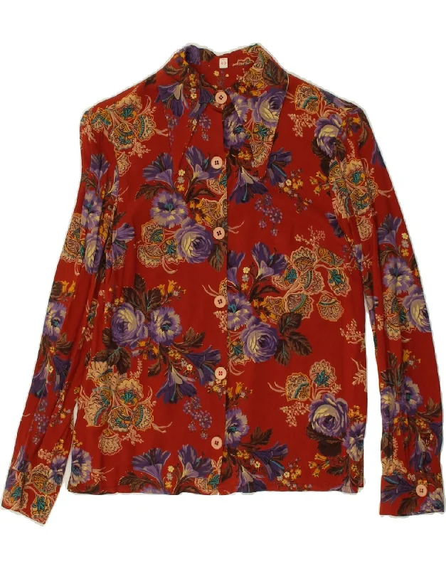VINTAGE Womens Shirt IT 40 Small Red Floral Cotton Fashionable Button-Front Short Sleeve VINTAGE Womens Shirt IT 40 Small Red Floral Cotton Fashionable Button-Front Short Sleeve