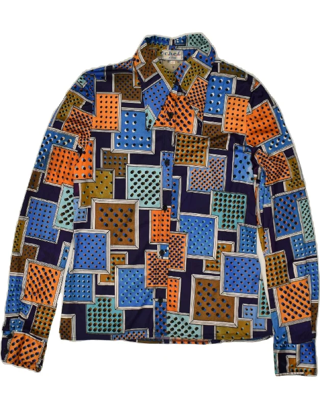 VINTAGE Womens Shirt IT 42 Medium Navy Blue Patchwork Polyester Cozy Printed Short Shirt VINTAGE Womens Shirt IT 42 Medium Navy Blue Patchwork Polyester Cozy Printed Short Shirt