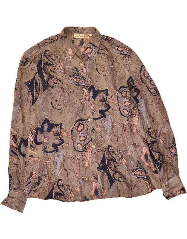 VINTAGE Womens Shirt IT 48 XL Brown Paisley Silk Comfortable Pocket Short Shirt