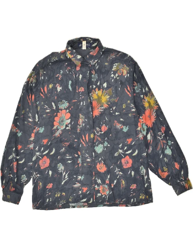 VINTAGE Womens Shirt UK 12 Medium Navy Blue Floral Viscose Elegant Longline Short Shirt VINTAGE Womens Shirt UK 12 Medium Navy Blue Floral Viscose Elegant Longline Short Shirt