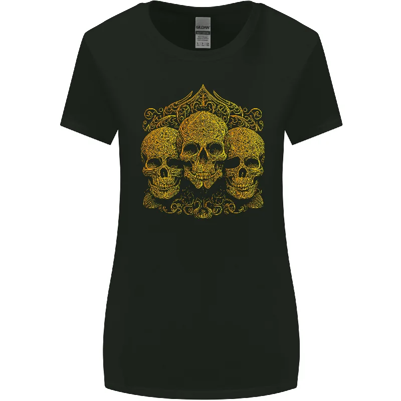 3 Ornate Gold Skulls Gothic Goth Womens Wider Cut T-Shirt Jersey Fabric Tulle Fabric Batik Fabric 3 Ornate Gold Skulls Gothic Goth Womens Wider Cut T-Shirt Jersey Fabric Tulle Fabric Batik Fabric