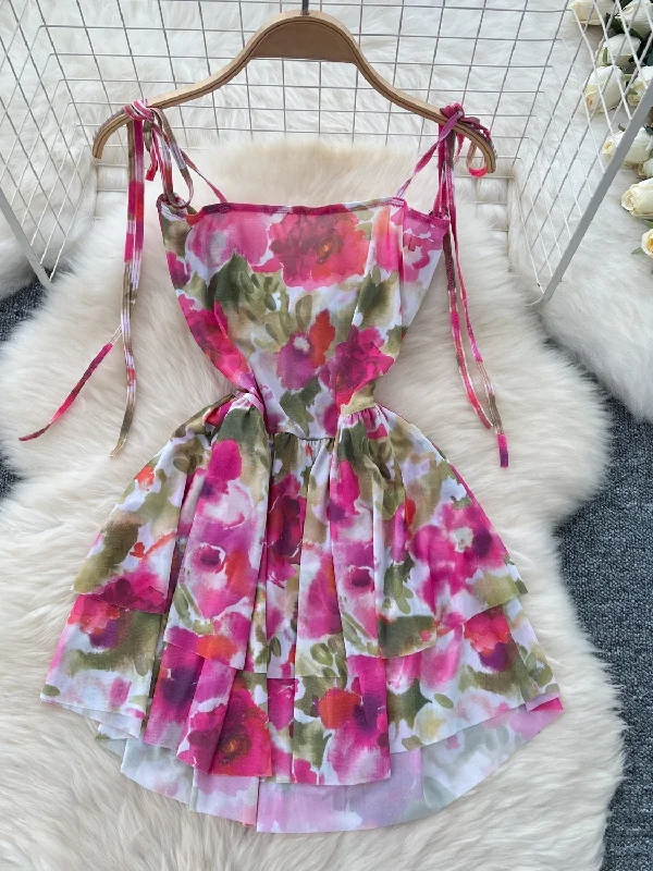 Adjustable Straps Flowing Floral Mini Dress Stylish Short-Sleeve Mini Dress