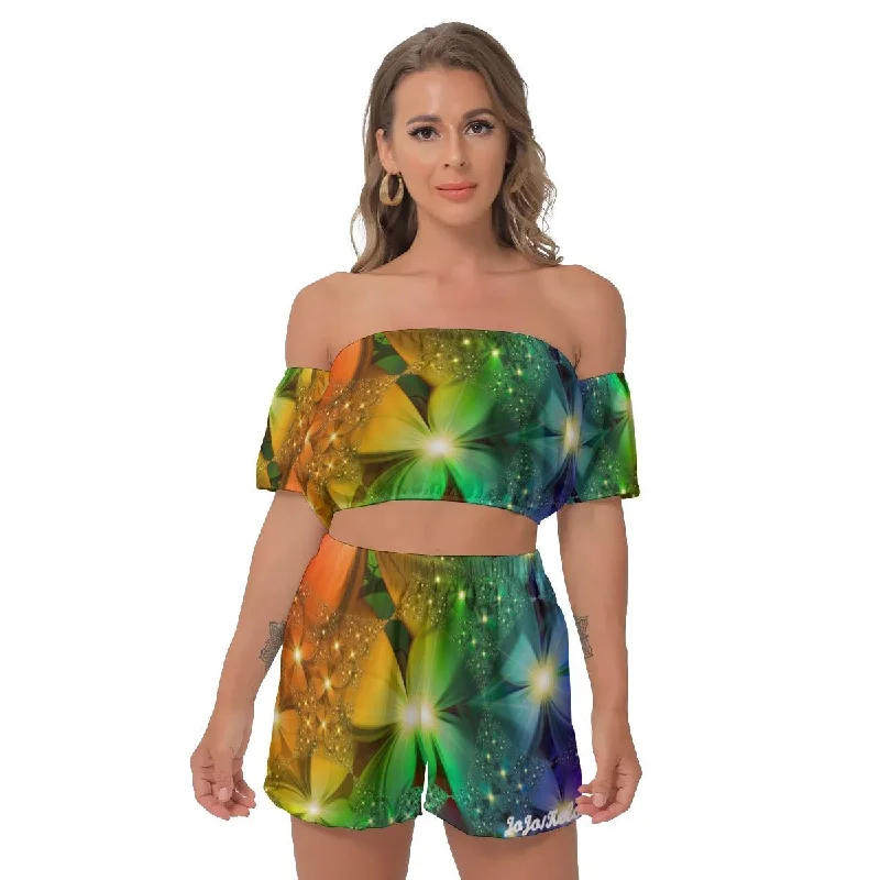 Amazon Forest Women's Off-Shoulder T-Shirt Shorts Suit Cotton Fabric Linen Fabric Terry Fabric Amazon Forest Women's Off-Shoulder T-Shirt Shorts Suit Cotton Fabric Linen Fabric Terry Fabric