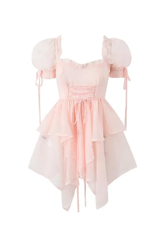 Asymmetric Bow Tie Puff Sleeve Lace Up Organza Summer Ruffle Tiered Mini Dress Chic Tropical Mini Dress Asymmetric Bow Tie Puff Sleeve Lace Up Organza Summer Ruffle Tiered Mini Dress Chic Tropical Mini Dress