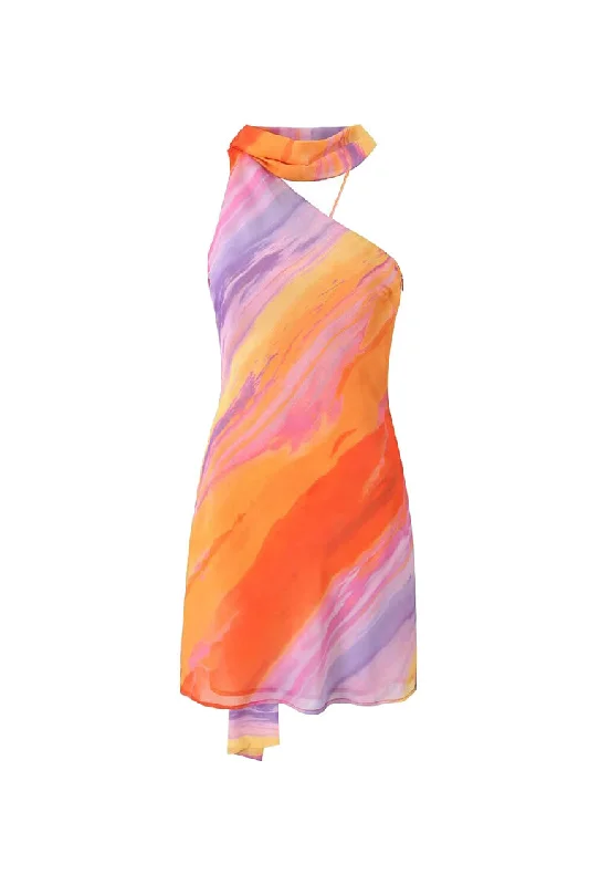 Asymmetric Ombré Print Scarf Halter Backless Beach Vacation Mini Dress Comfortable Ruffle Mini Dress Asymmetric Ombré Print Scarf Halter Backless Beach Vacation Mini Dress Comfortable Ruffle Mini Dress