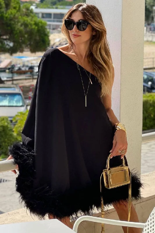 Asymmetrical One Shoulder Feather Trim A Line Party Mini Dress - Black Comfortable Linen Mini Dress Asymmetrical One Shoulder Feather Trim A Line Party Mini Dress - Black Comfortable Linen Mini Dress