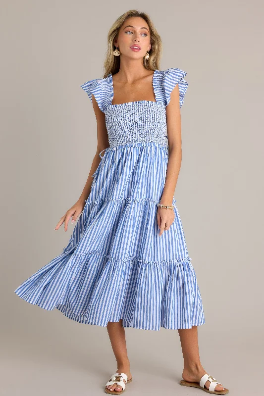 Bayside Stroll 100% Cotton Blue Stripe Smocked Midi Dress Comfortable Knitwear Midi Dress Bayside Stroll 100% Cotton Blue Stripe Smocked Midi Dress Comfortable Knitwear Midi Dress