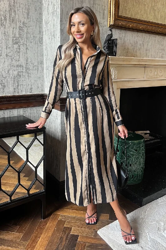 Beige Striped Print Button Front Belted Shirt Midi Dress Fashionable Skater Midi Dress Beige Striped Print Button Front Belted Shirt Midi Dress Fashionable Skater Midi Dress
