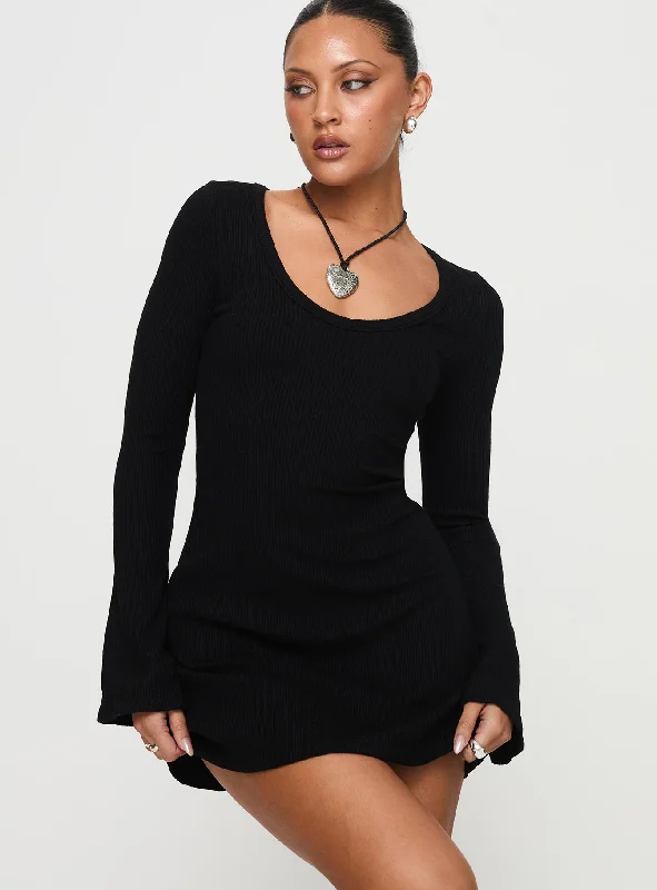 Best Interest Long Sleeve Mini Dress Black Petite Elegant Mini Dress with Pleats