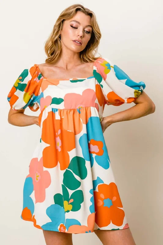 Floral Puff Sleeve Mini Dress Fashionable Party Mini Dress