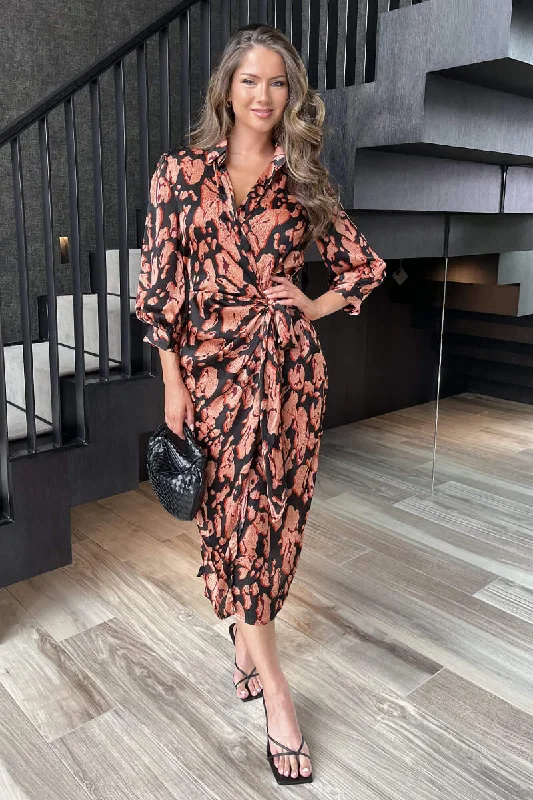 Black Abstract Print 3/4 Sleeved Tie Waist Midi Dress Comfortable Lace-Up Midi Dress Black Abstract Print 3/4 Sleeved Tie Waist Midi Dress Comfortable Lace-Up Midi Dress