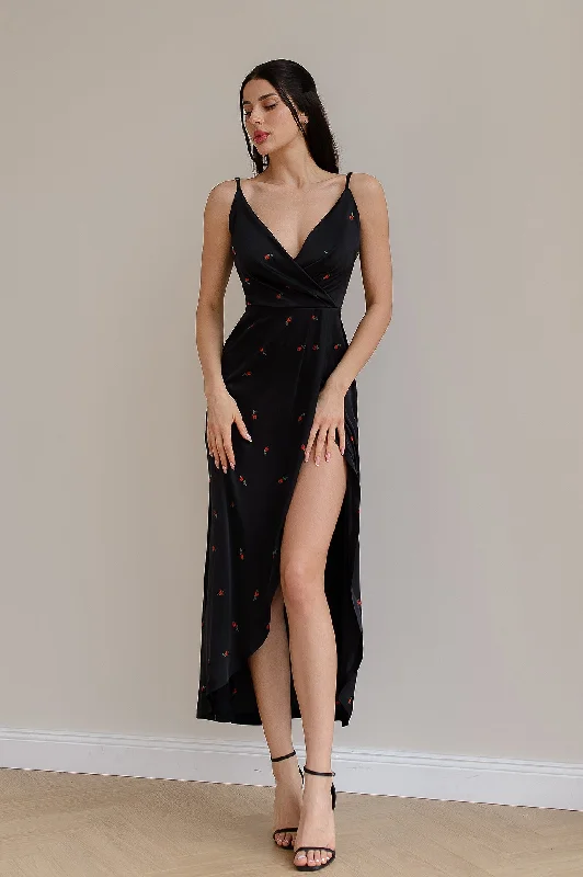 Black Floral-Print Silk Slip Midi Dress Fashionable Pleated Midi Dress