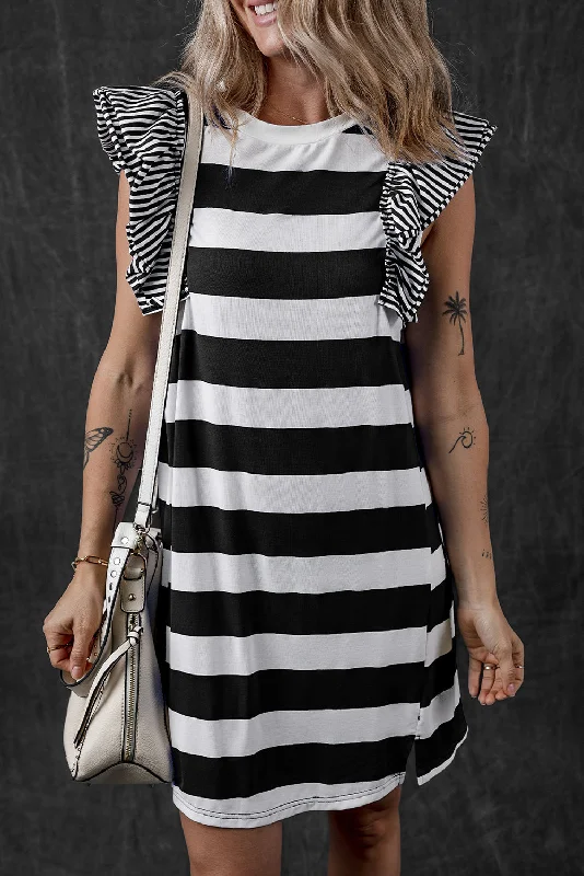 Blue Zone Planet | Black Stripe Contrast Ruffled Sleeve T-shirt Dress Chenille Fabric Brocade Fabric Lace Fabric Blue Zone Planet | Black Stripe Contrast Ruffled Sleeve T-shirt Dress Chenille Fabric Brocade Fabric Lace Fabric