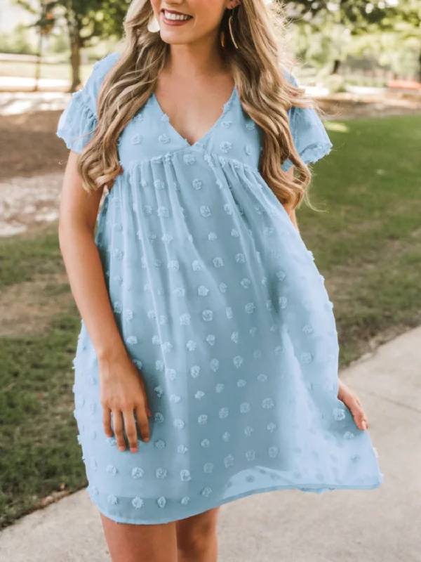 Blue Zone Planet | Swiss Dot V-Neck Short Sleeve Mini Dress Fashionable Off-Shoulder Mini Dress Blue Zone Planet | Swiss Dot V-Neck Short Sleeve Mini Dress Fashionable Off-Shoulder Mini Dress