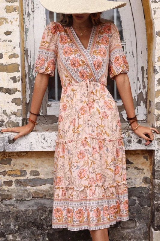 Boho Chic V Neck Ruffle Tiered Floral Printed Midi Dress - Pink Trendy Ruffled Sleeve Midi Dress Boho Chic V Neck Ruffle Tiered Floral Printed Midi Dress - Pink Trendy Ruffled Sleeve Midi Dress
