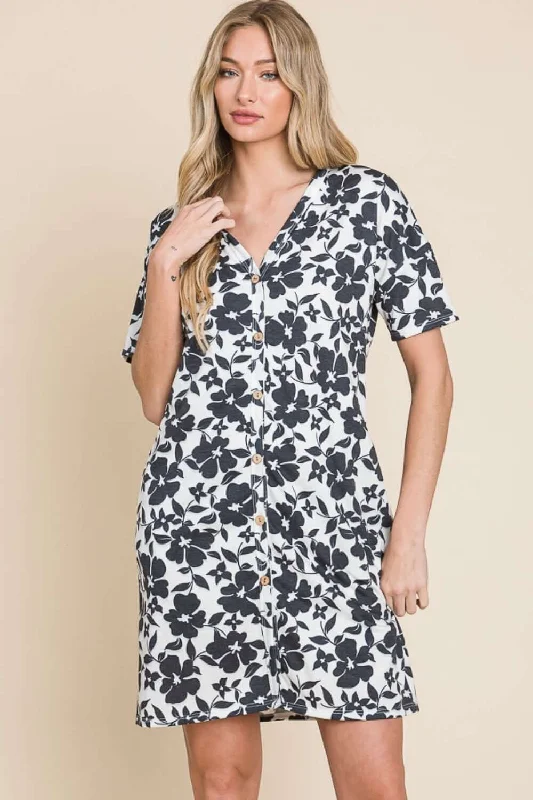 Floral Button Down Mini Dress Cozy Long Sleeve Mini Dress