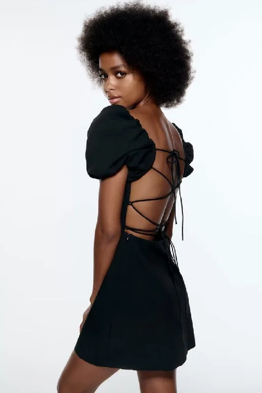 Breezy Ruched Square Neck Puff Sleeve Lace Up Back Party Mini Dress - Black Casual Button-Up Mini Dress Breezy Ruched Square Neck Puff Sleeve Lace Up Back Party Mini Dress - Black Casual Button-Up Mini Dress